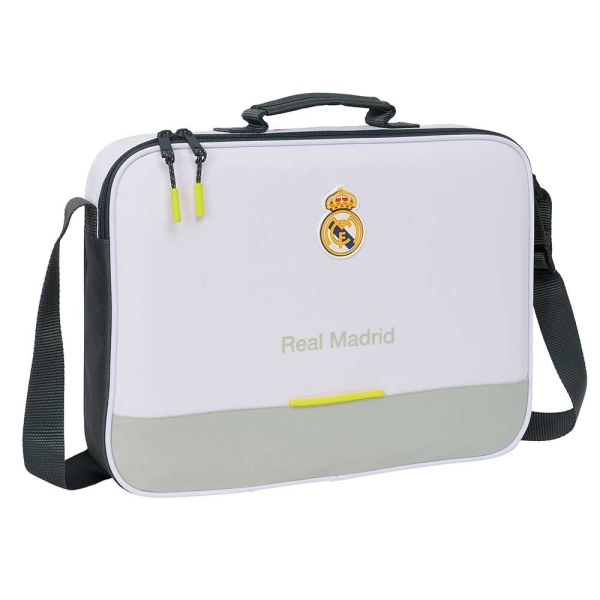 Safta Real Madrid Maletin Con Cremallera De 6L - Bandolera Ajustable - Asa De Mano Forrada - Fondo Semirigido Extraible - 38X28X6Cm - Color Blanco Y Negro