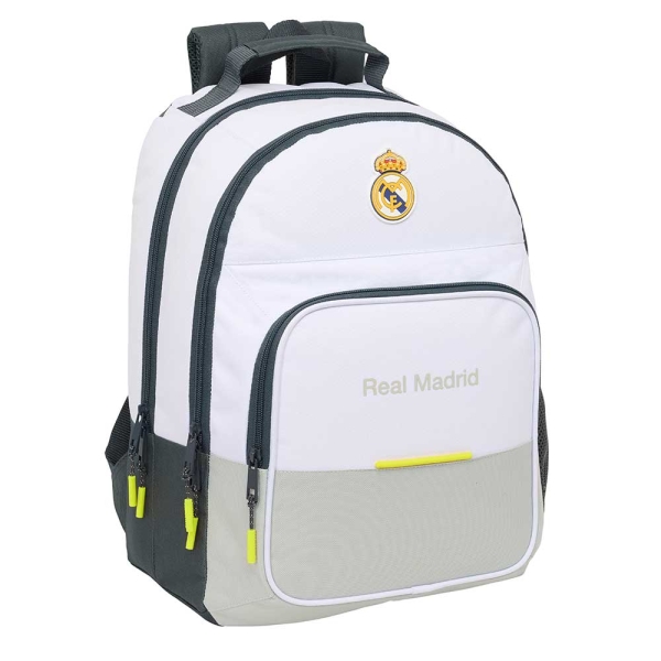 Safta Real Madrid Mochila Escolar De 21.5L - Adaptable A Carro - 3 Compartimentos - Portabotellas - 32X42X16Cm - Color Blanco Y Negro