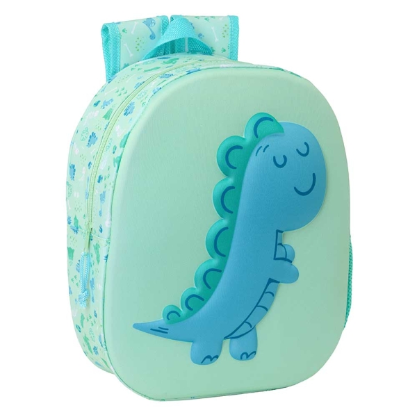 Safta Dino Mochila 3D De 8.64L - Portabotellas - Tarjeta De Identificacion Personal - Hombreras Acolchadas - 27X33X10Cm - Color Menta