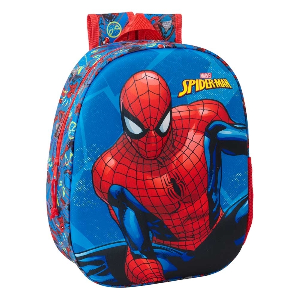 Safta Spider-Man Mochila 3D De 8.64L - Portabotellas - Tarjeta De Identificacion Personal - Hombreras Acolchadas - 27X33X10Cm - Color Rojo Y Azul