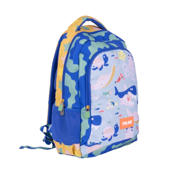 Milan Blue Odyssey Mochila Escolar 21L - Bolsillos Laterales De Malla - Compartimento Interior Para Portatil - 2 Cremalleras - 45X30X12Cm - Multicolor