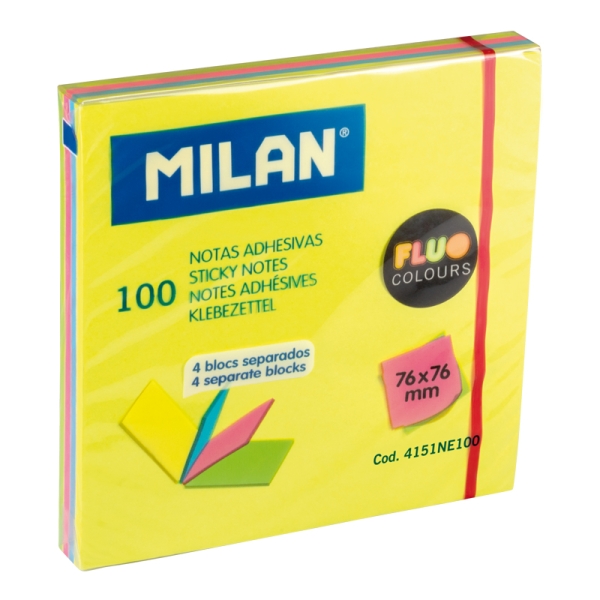 Milan Fluo Pack De 100 Notas Adhesivas - Colores Neon - 76X76Mm - Colores Surtidos