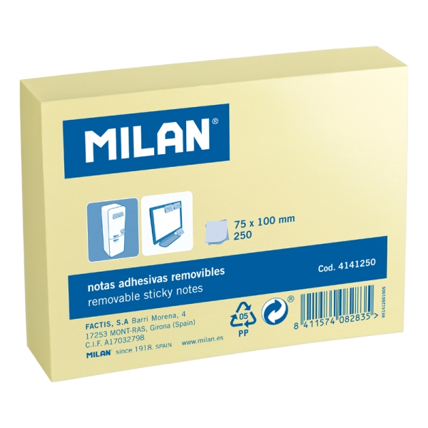 Milan Pack De 250 Notas Adhesivas - 75X100Mm - Color Amarillo