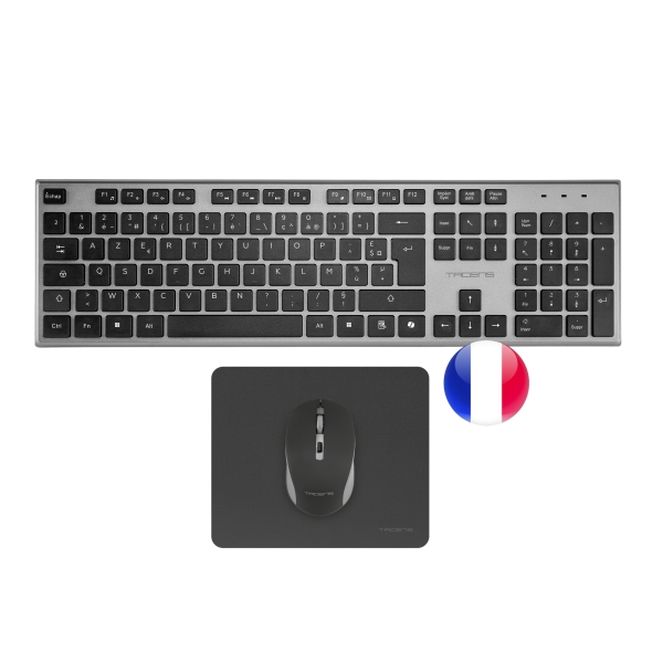 Tacens Zenith Combo Pack Inalabrico De Teclado Completo + Raton Y Alfombrilla - Disposicion Francesa Azerty Fr - Teclas Silenciosas De Perfil Bajo - Sensor De 3200Dpi - Conexion Dual Link 2.4Ghz - Switches Huano - Color Negro