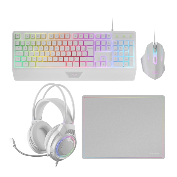 Mars Gaming Mcp124Pro Combo Pack Gaming 4En1 - Teclado Hibrido H-Mech - Disposicion Portuguesa Qwerty Pt - Raton 3200Dpi - Alfombrilla Nanotextil - Color Blanco