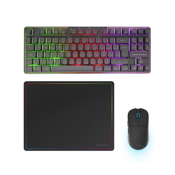 Mars Gaming Mcpwtkl Combo Pack Gaming 3En1 - Teclado Hibrido H-Mech Formato Tkl - Disposicion Qwerty Es - Raton 3200Dpi - Switches Huano - Color Negro