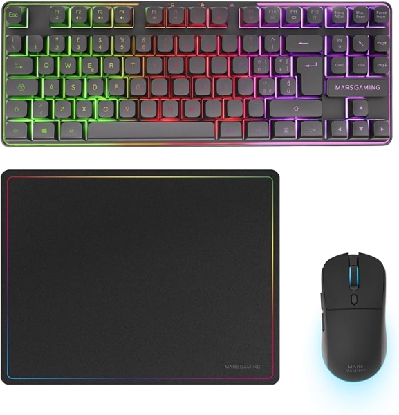 Mars Gaming Mcpwtkl Combo Pack Gaming 3En1 - Teclado Hibrido H-Mech Formato Tkl - Disposicion Italiana Qwerty It - Raton 3200Dpi - Switches Huano - Color Negro