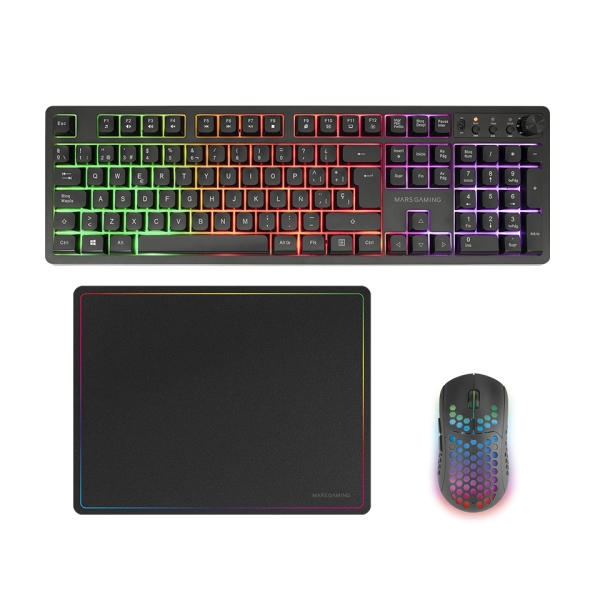 Mars Gaming Mcpwx Combo Pack Gaming 3En1 - Teclado Hibrido H-Mech - Disposicion Qwerty Es - Raton 3200Dpi - Switches Huano - Color Negro