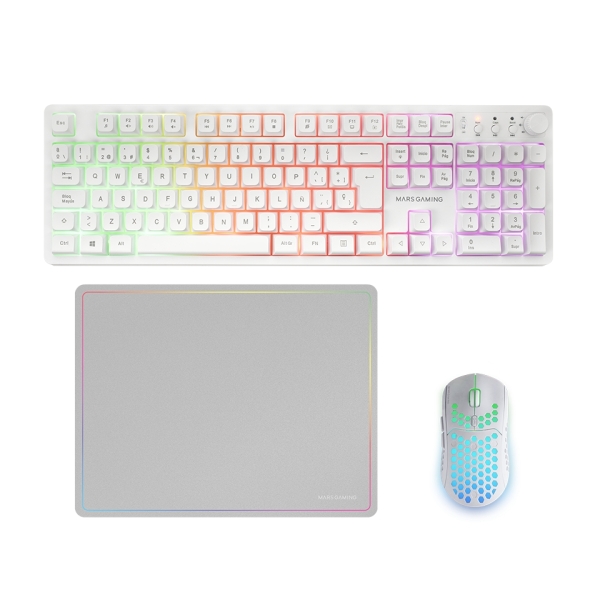 Mars Gaming Mcpwx Combo Pack Gaming 3En1 - Teclado Hibrido H-Mech - Disposicion Qwerty Es - Raton 3200Dpi - Switches Huano - Color Blanco
