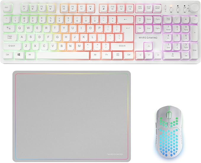 Mars Gaming Mcpwx Combo Pack Gaming 3En1 - Teclado Hibrido H-Mech - Disposicion Internacional Qwerty Us - Raton 3200Dpi - Switches Huano - Color Blanco