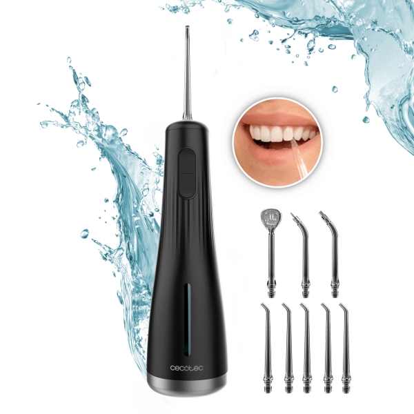 Cecotec Toothcare Jet Liberty Irrigador Dental Portatil - 8 Boquillas Intercambiables - 4 Modos - Deposito De 250Ml - Resistente Al Agua Ipx7 - Compacto Y Ligero - 1600 Pulsos Por Minuto - Color Negro