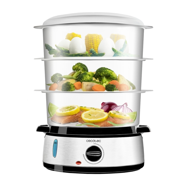 Cecotec Vapovita 3000 Inox Vaporera Multifuncional - 800W - Acero Inoxidable - Capacidad De 9L - 3 Recipientes Independientes - Soporte Para Huevos - Temporizador - Color Negro Y Plata