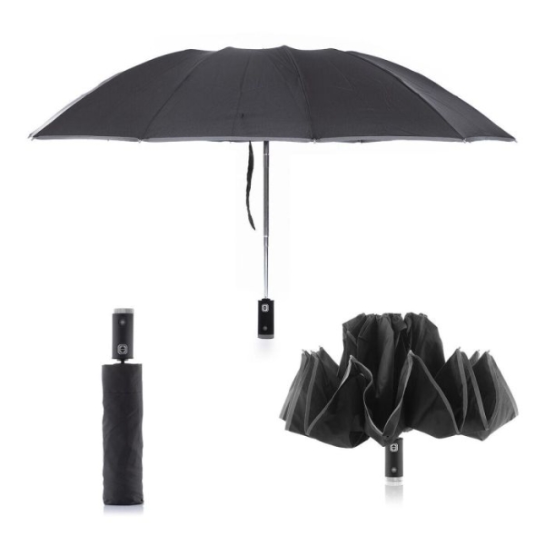 Innovagoods Folbrella Paraguas De Cierre Inverso Con Luz Led - Reflectante - Antigoteo - Compacto - Ligero - Color Negro Y Gris