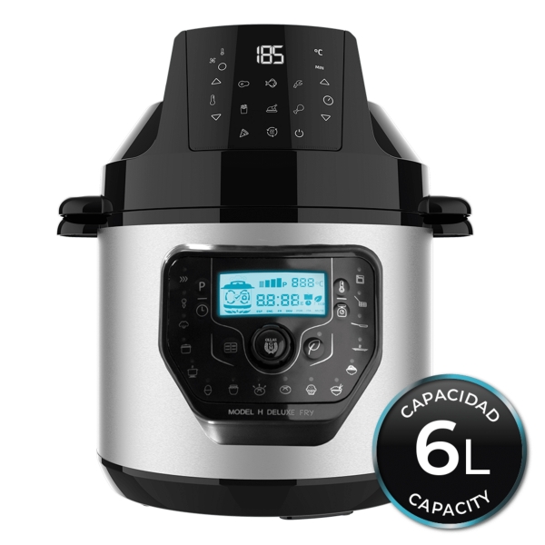 Cecotec H Deluxe Fry Olla Gm Programable De 6L Con Cabezal Freidora De Aire - Antiadherente - Bascula - Pantalla Lcd - Ergonomico - Temperatura Hasta 200ºc - Control Por Voz - Color Negro Y Plateado