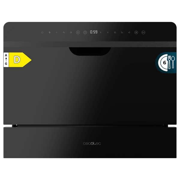 Cecotec Bolero Aguazero 2500 S-Bi Black Glass Lavavajillas Compacto - 6 Servicios - Seguro Infantil - 5 Programas - Inicio Programable - Color Negro