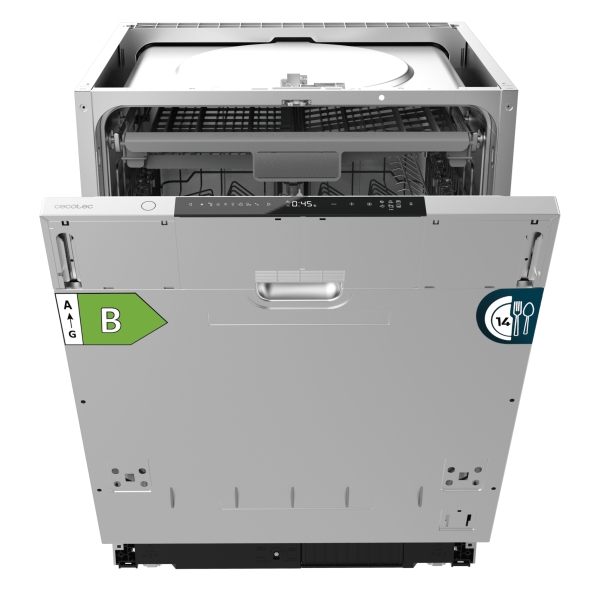 Cecotec Bolero Aguazero 8001 Full Bi B Lavavajillas Integrable - 14 Cubiertos - Temperatura Regulable - 8 Programas - Motor Inverter - Bandeja Para Cubiertos - Color Acero